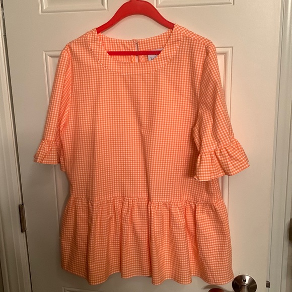 LaRoque orange/white cotton check ruffle blouse. Size L - Picture 1 of 7